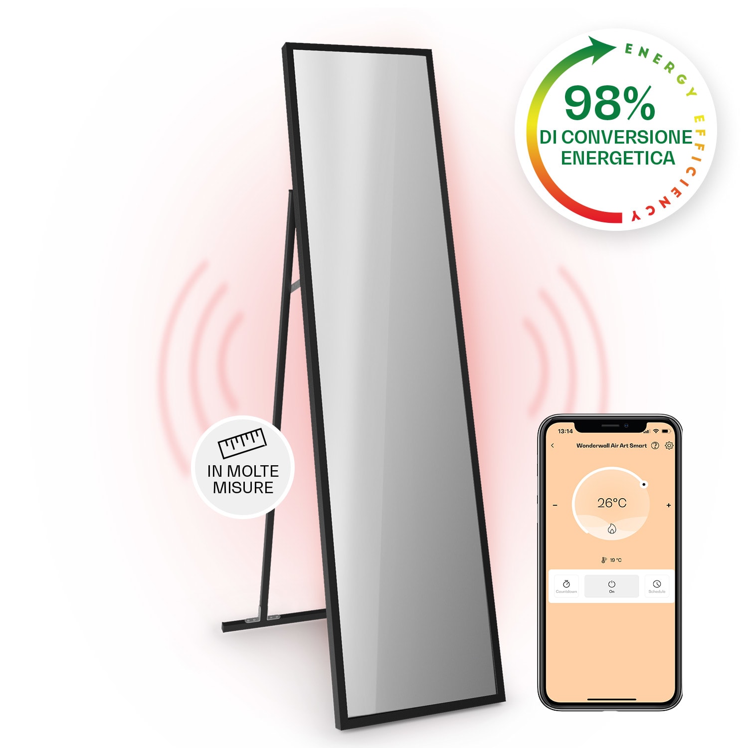 Radiatore a raggi infrarossi La Palma 900 smart Termoconvettore 40x160cm 900W Specchio Supporto alla base
