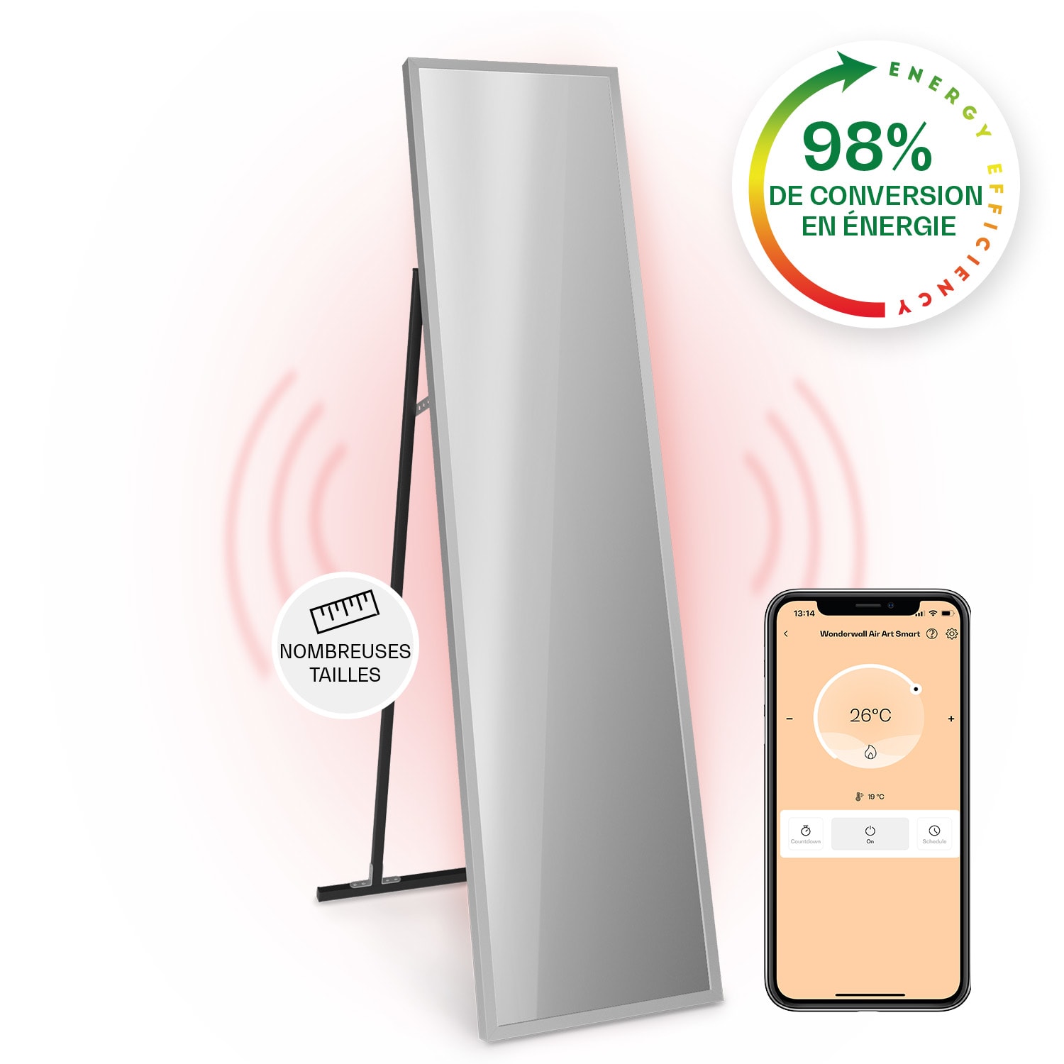 La Palma 900 smart radiateur infrarouge convecteur 40x160cm 900W miroir socle