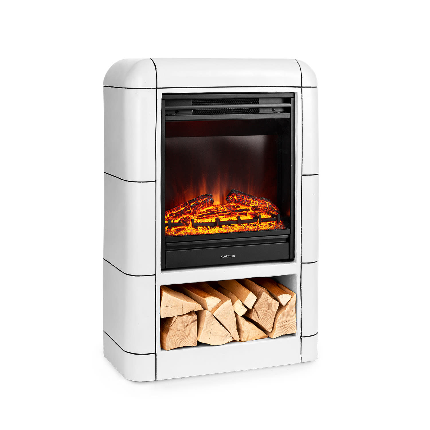 Dukono - Camino elettrico, 1800 W, effetto fiamma LED, termoventilatore, timer, vano per la legna