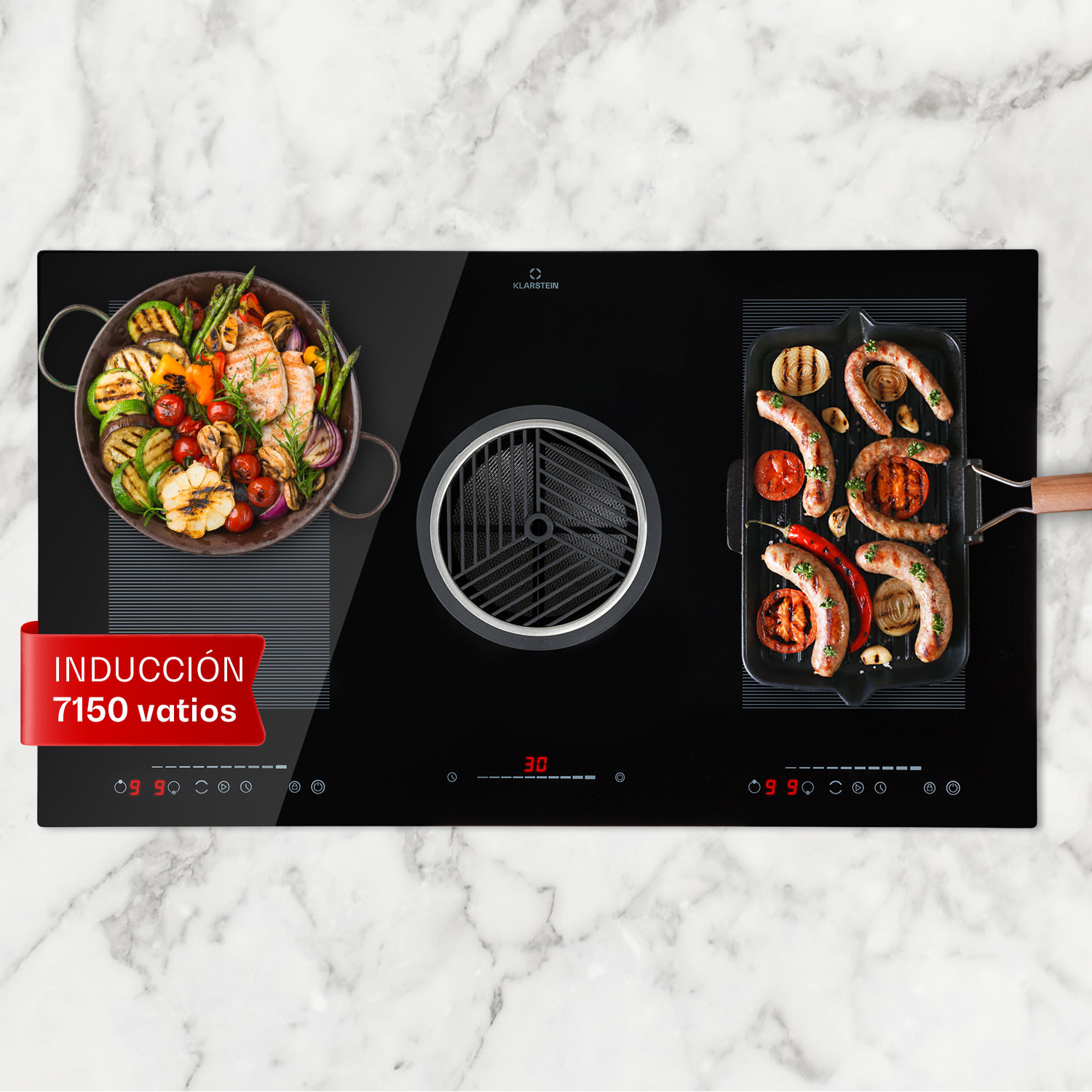 Cocina de inducción 3.0 con sistema de aire descendente + campana extractora DownAir 655 m³/h A+