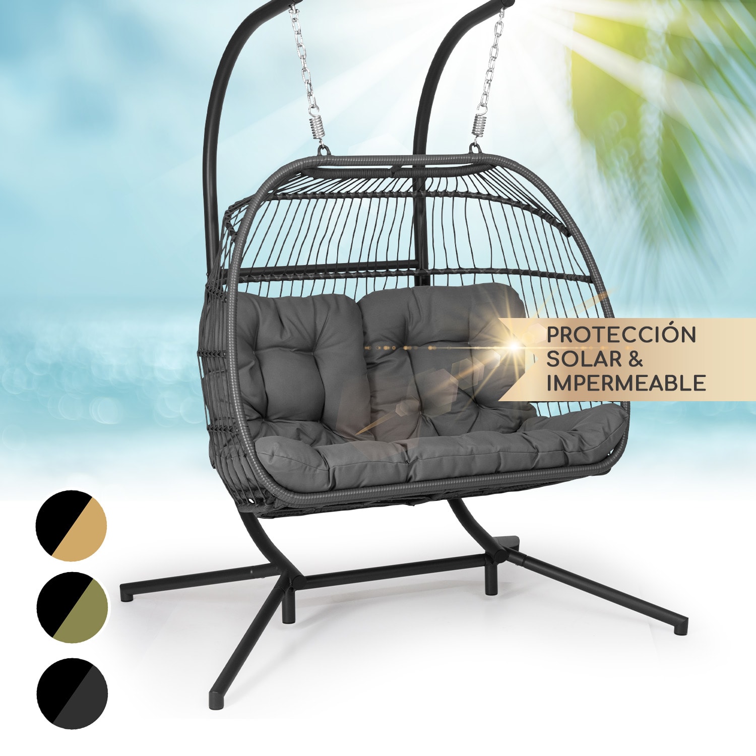 Biarritz Silla Colgante Doble Asiento de dos plazas Cojín de poliéster Aluminio Polyrattan 260 kg