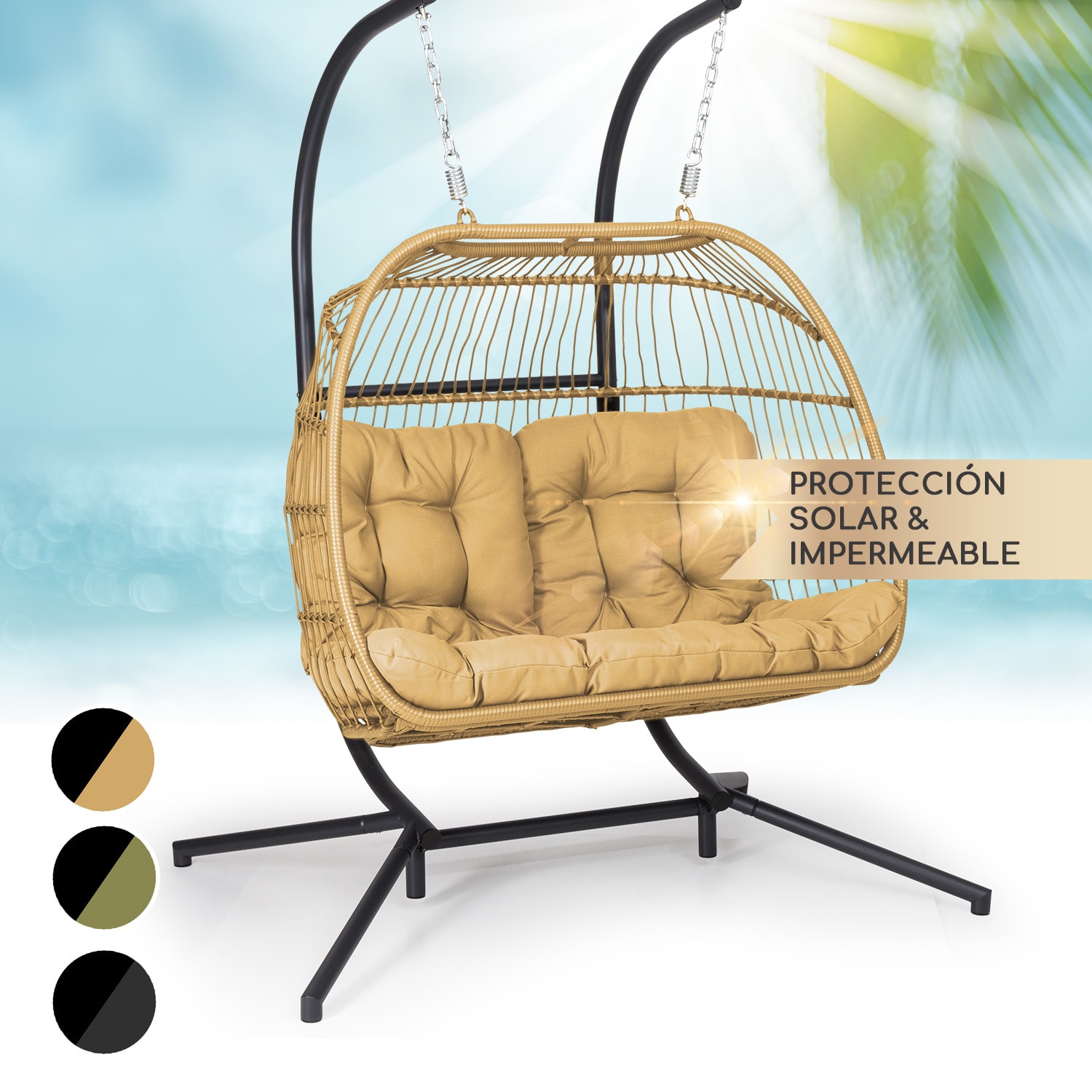 Biarritz Silla Colgante Doble Asiento de dos plazas Cojín de poliéster Aluminio Polyrattan 260 kg