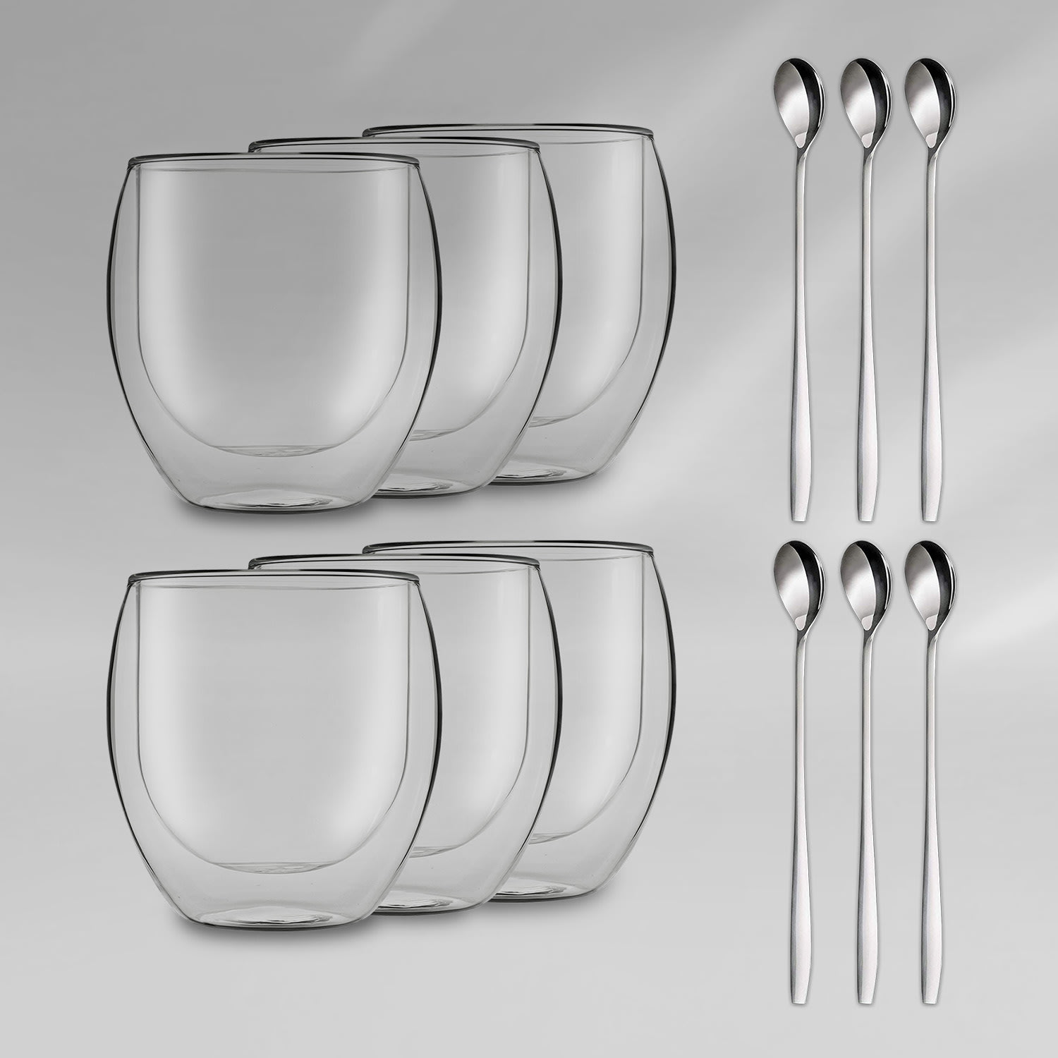 DUOS Jumbo, szklanki termiczne z podwójną ścianką, z łyżeczkami, 6 x 410 ml