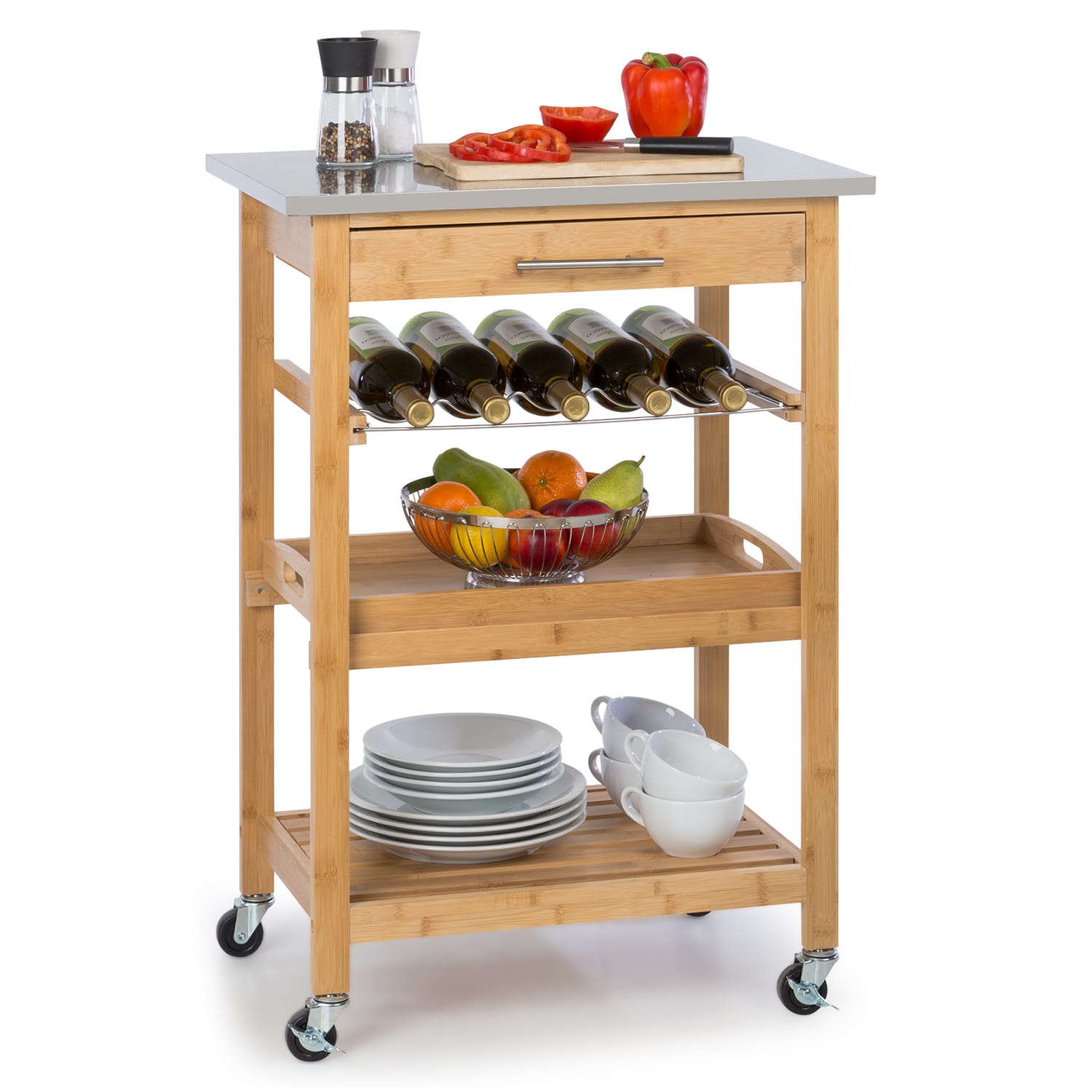 Vermont Chariot de service Chariot de cuisine 5 plateaux bois inox mobile