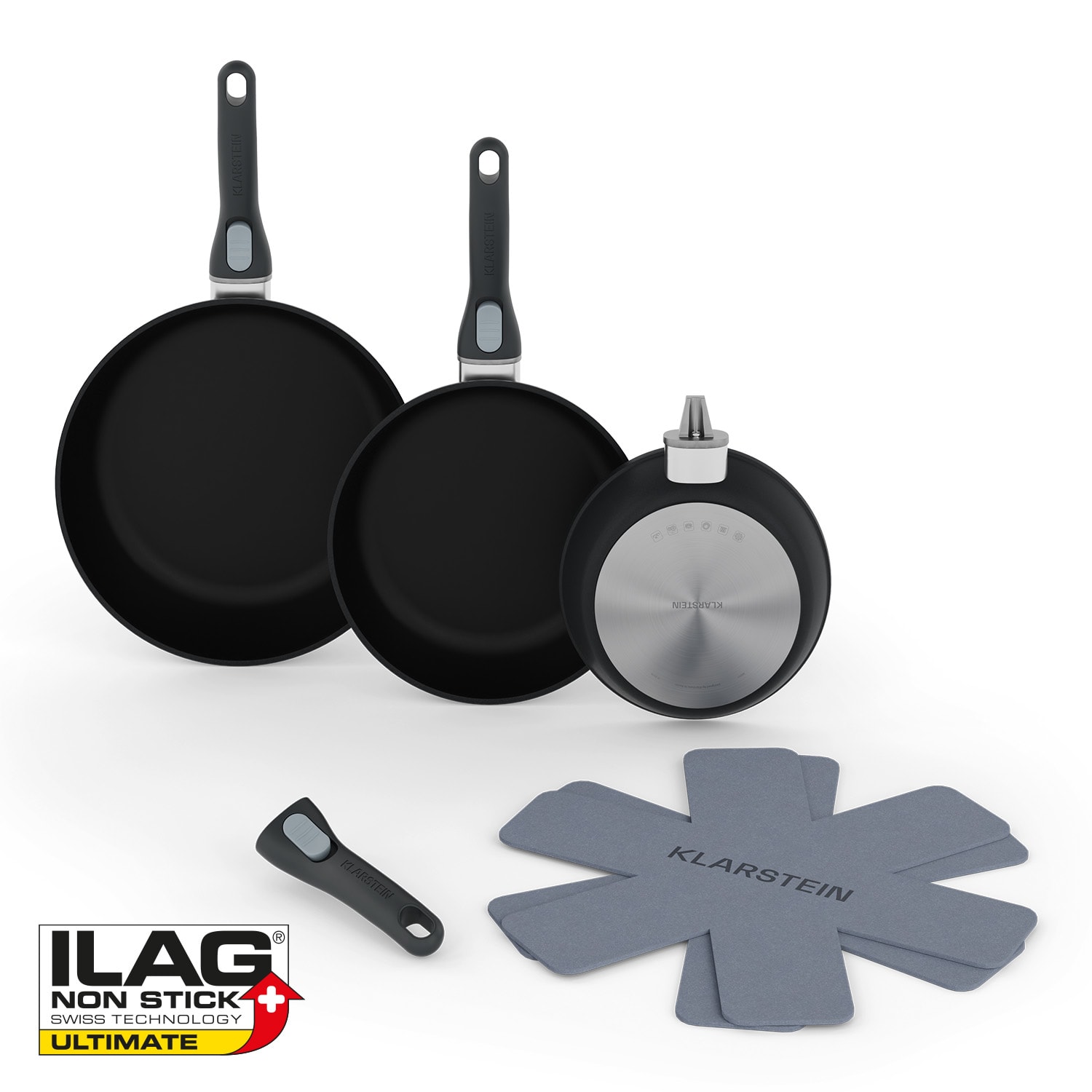 Noto Endurance Bratpfannen-Set geschmiedetes Aluminium 3 Größen 2 Filz-Schoner