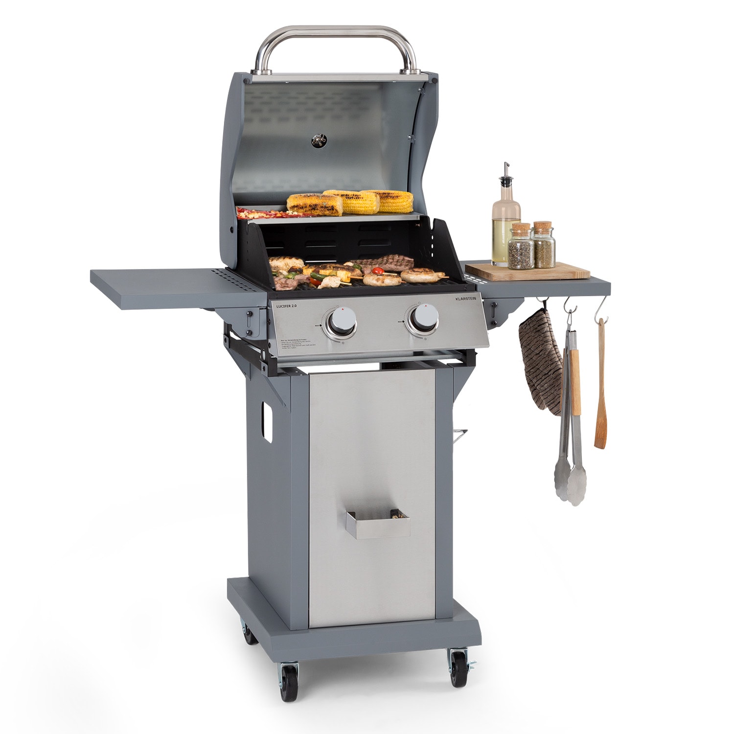 Lucifer 2 - Griglia a gas, 2 bruciatori da 3,6 kW, griglia da 45 x 45 cm, acciaio inox, mobile