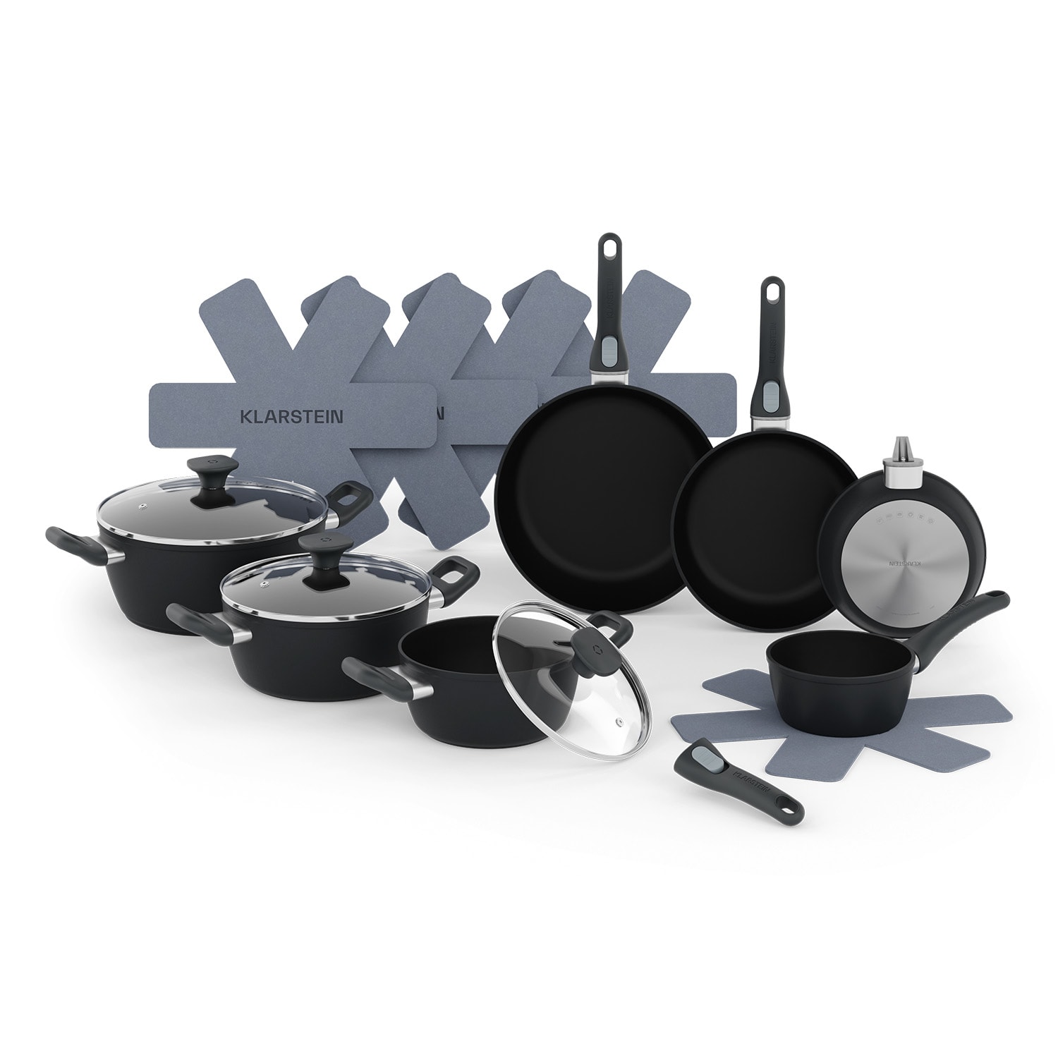 Noto Endurance Topf- und Pfannenset geschmiedetes Aluminium ergonomische Griffe Glasdeckel Filz