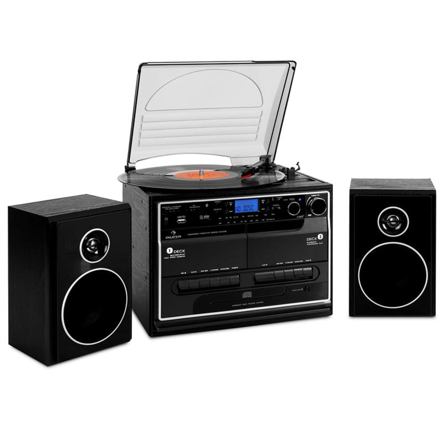 388BT HiFi CD Stereo System Turntable Cassette Bluetooth USB SD Black Wood