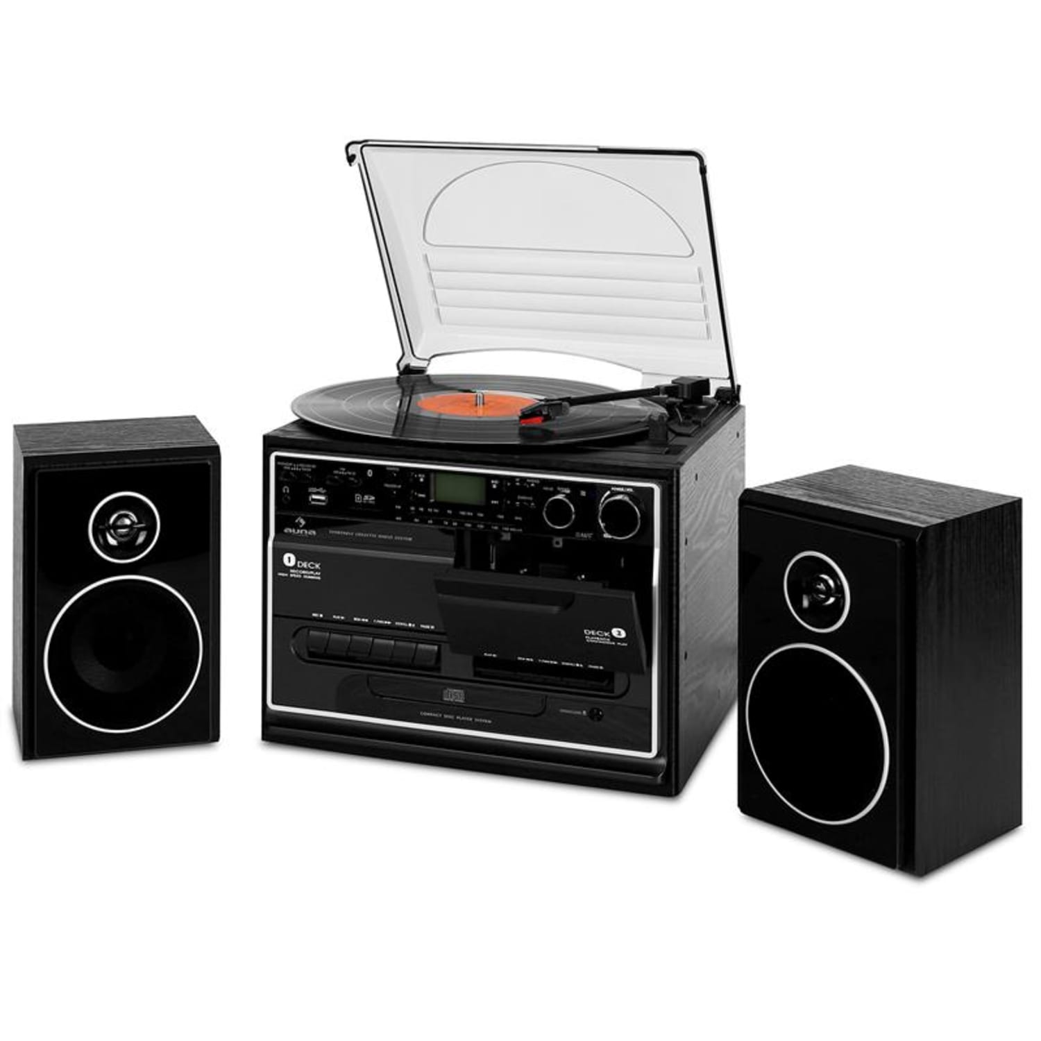 388BT HiFi CD Stereo System Turntable Cassette Bluetooth USB SD Black