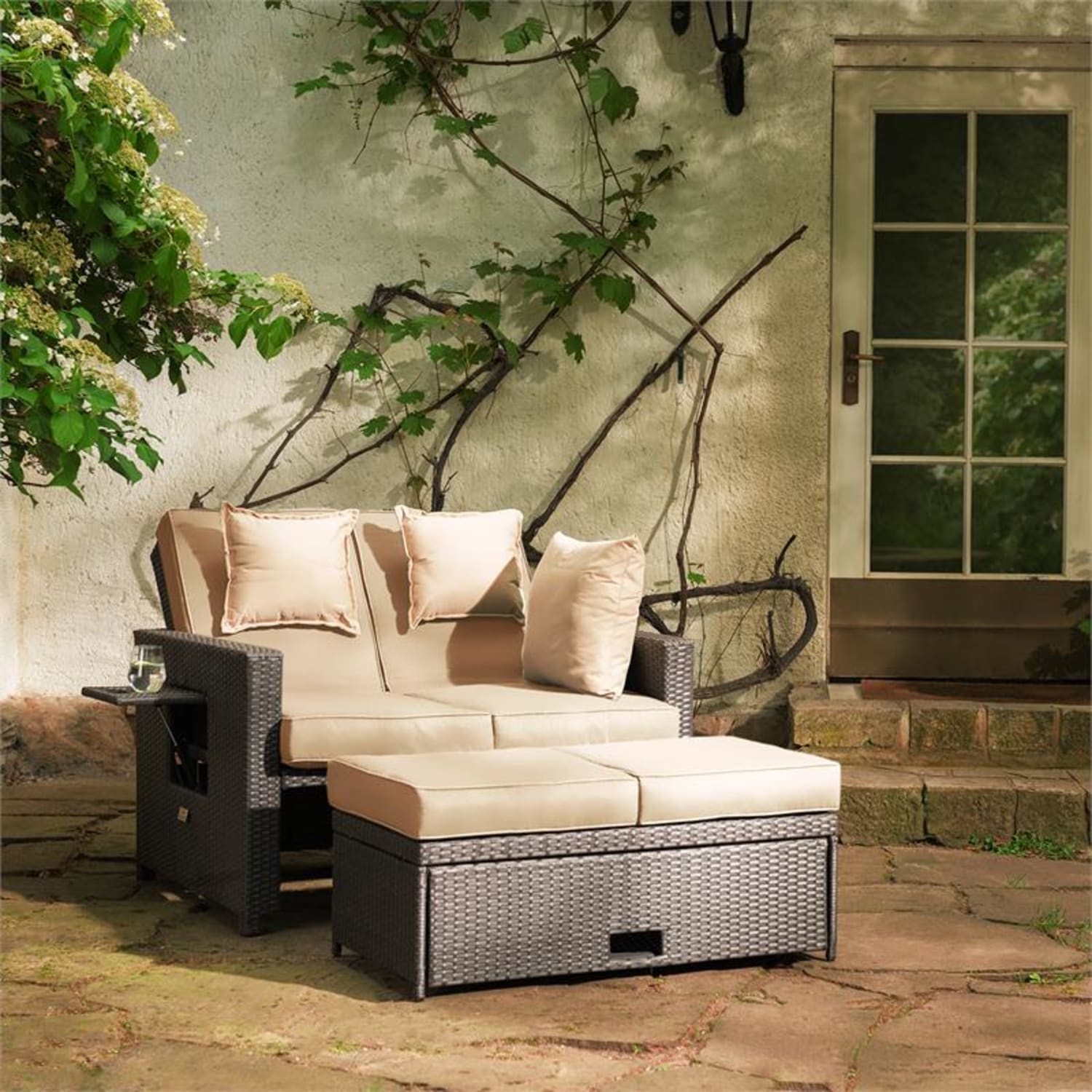 Komfortzone RattanLoungeSofa Zweisitzer Polyrattan Klapptische Grau