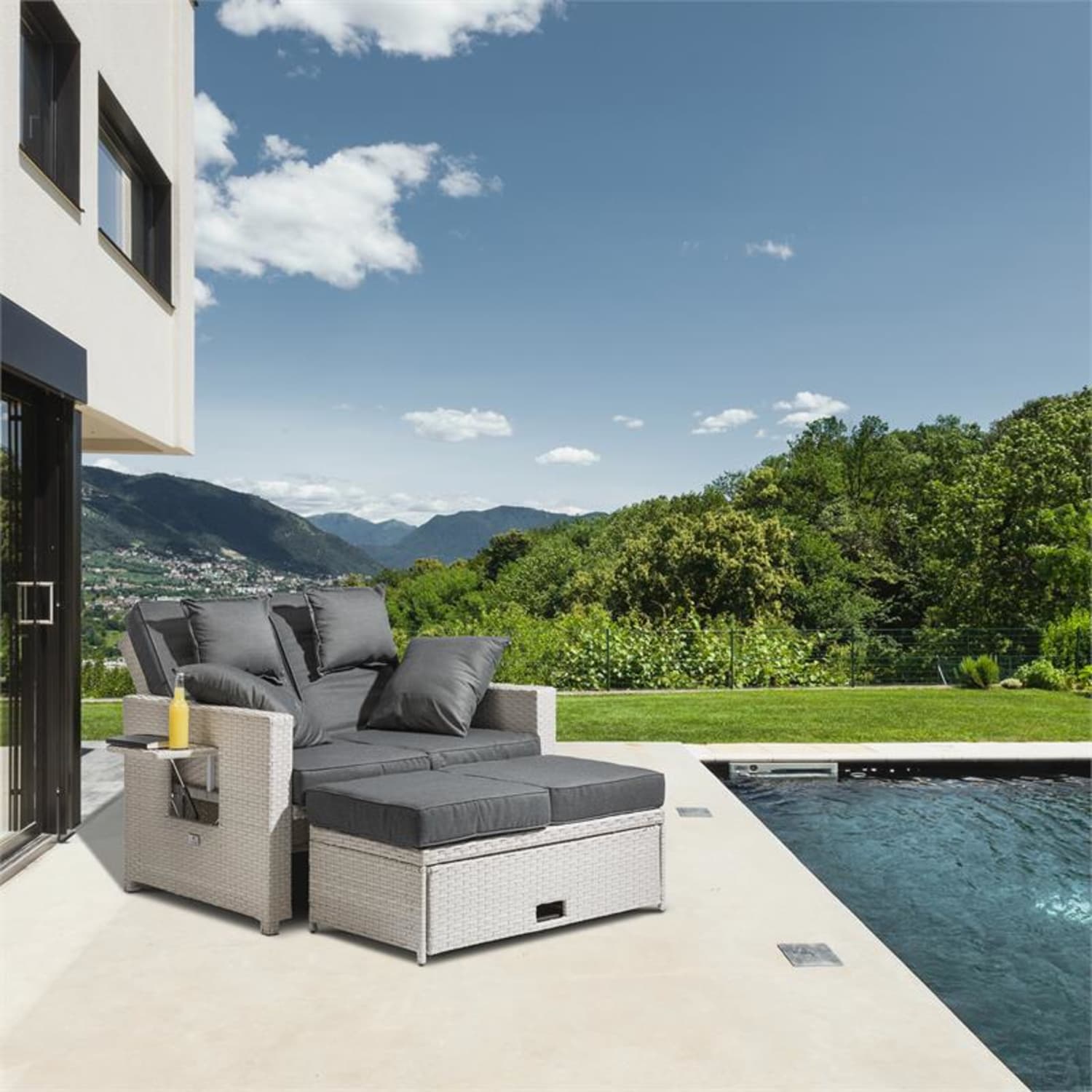 Komfortzone RattanLoungeSofa Zweisitzer Polyrattan Klapptische Weiß