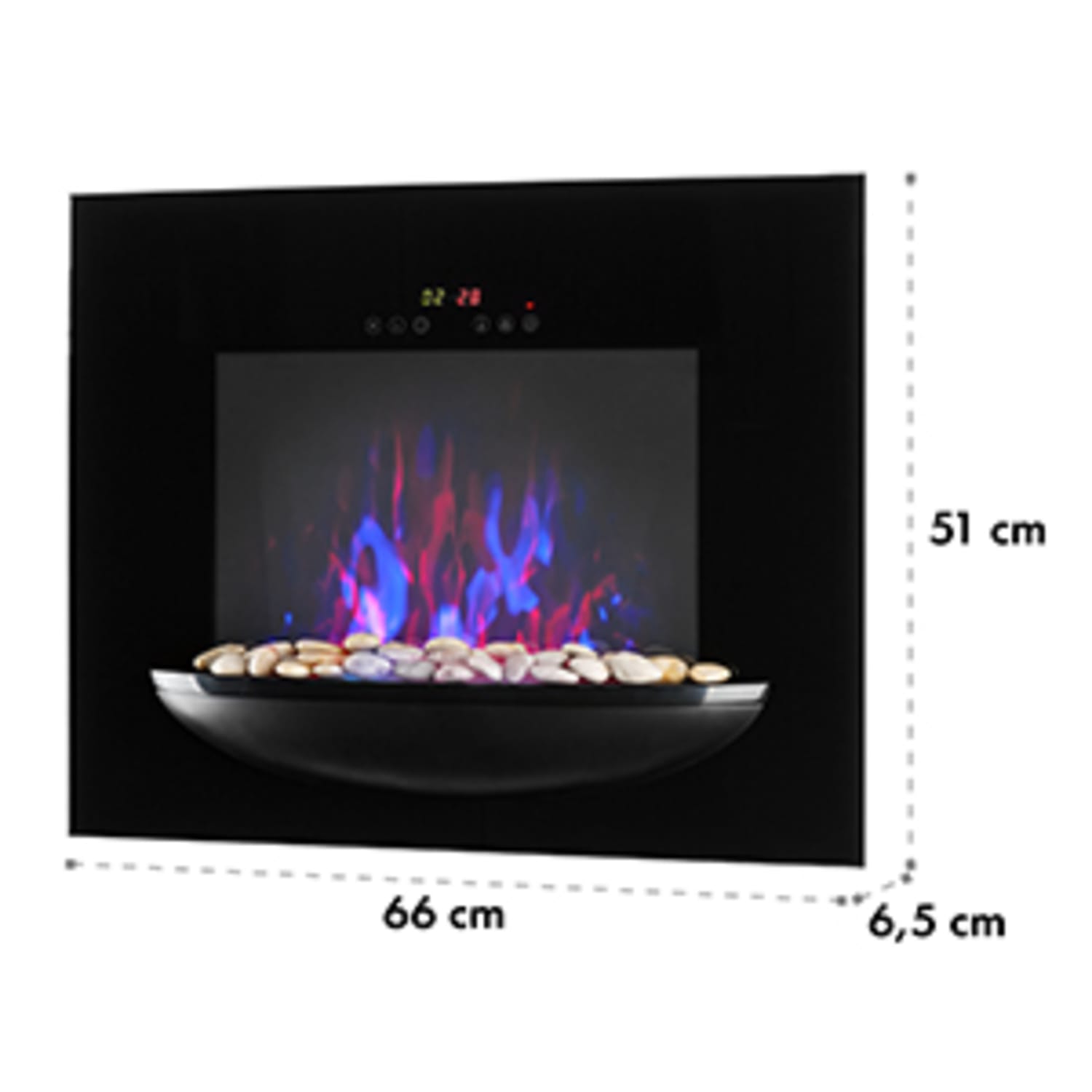 Feuerschale, elektrický krb, 1800 W, nástenný, ilúzia plameňov, dekoračné kamene, čierny