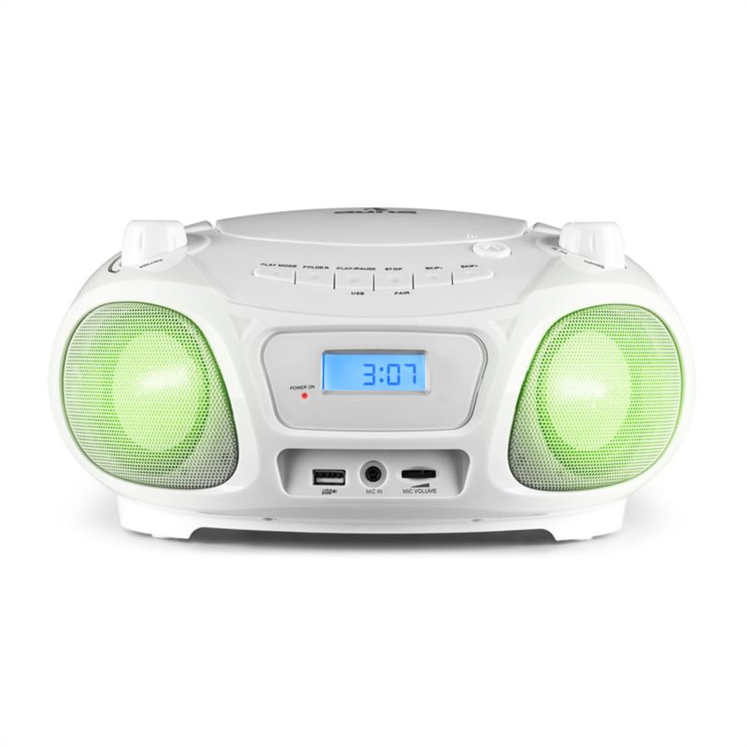auna Roadie Sing CD Boombox FM Radio Light Show CD Player Microphone White