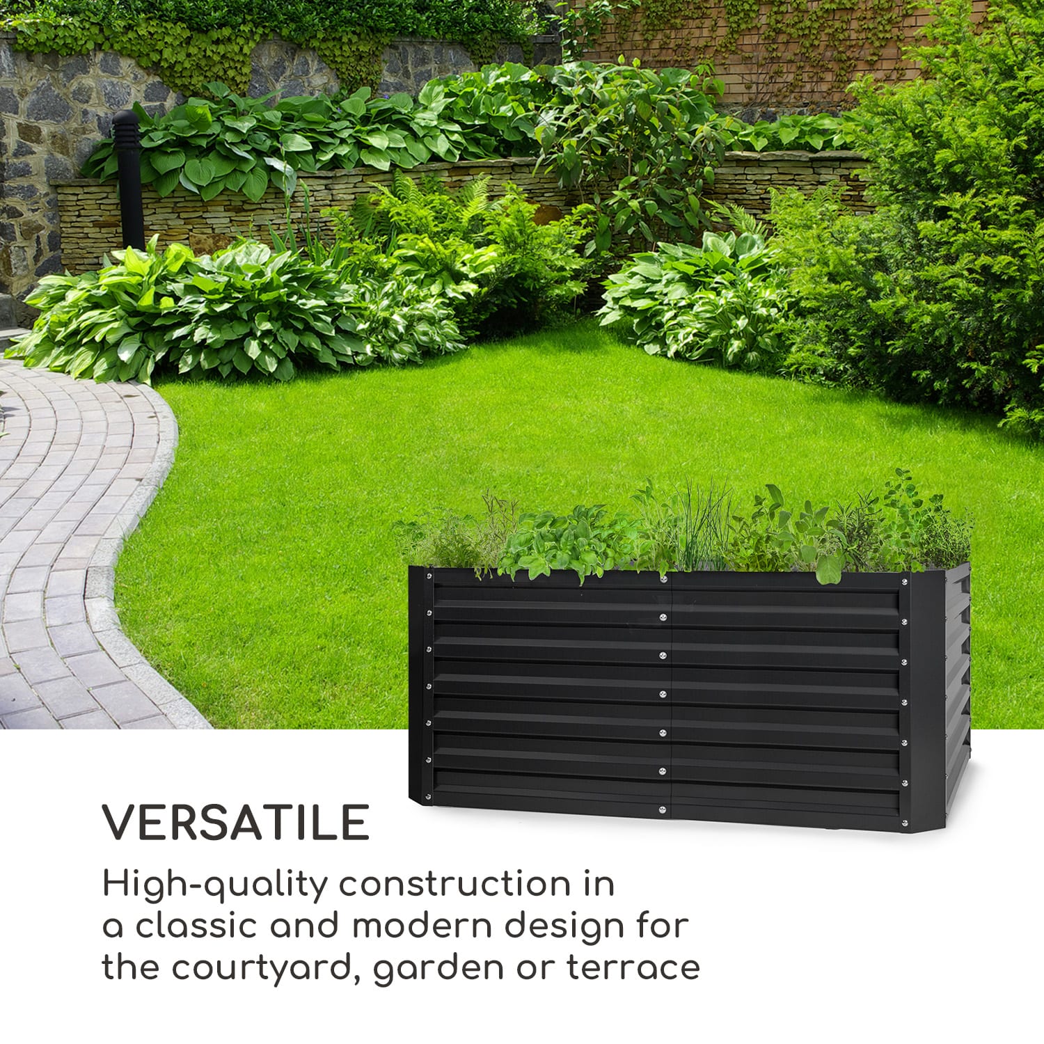blumfeldt High Grow Extended verhoogde plantenbak voor de tuin, 300 l, halfronde plantenbak, roestvrij Galvalume staal 150 × 60 × 43 cm, ergonomisch ontwerp voor groenten, kruiden en bloemen
