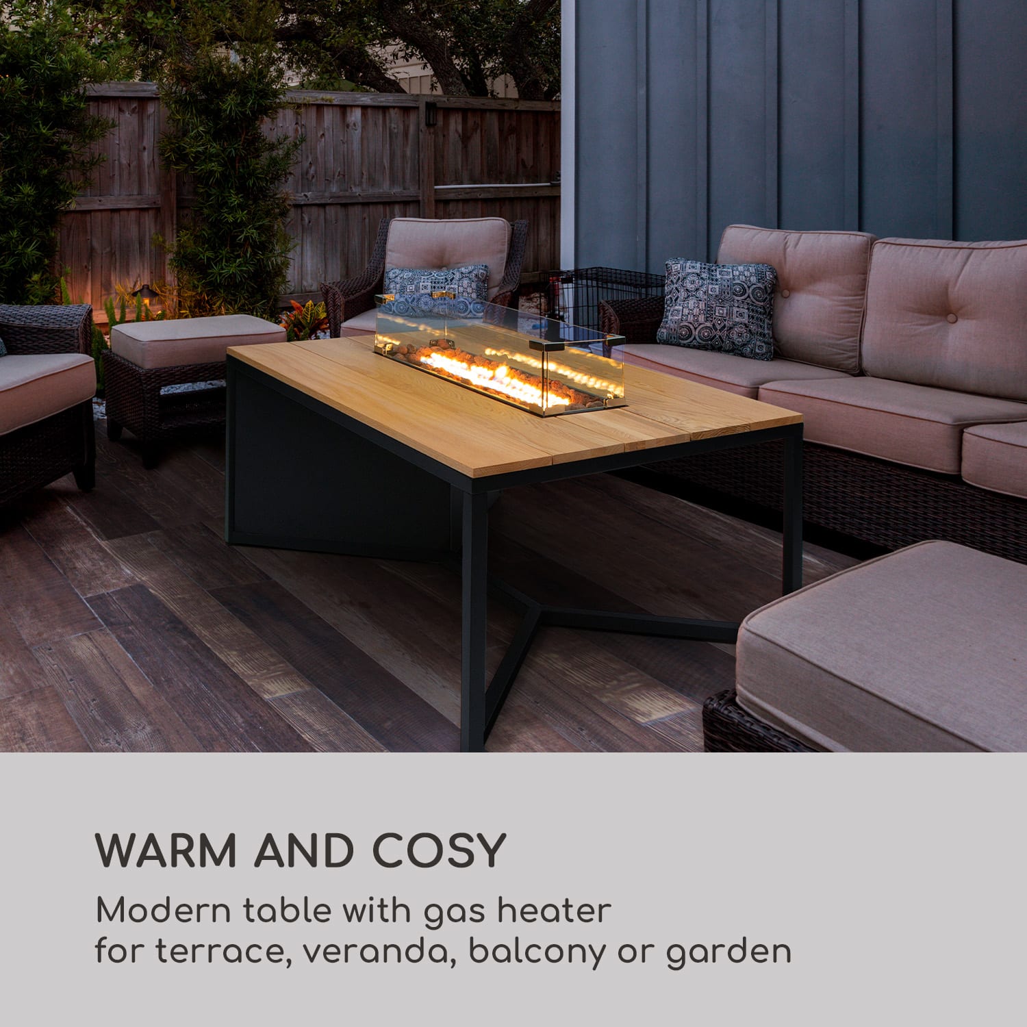 Tofino Gas Heater, with Table, Metal, Oak Wood, Lava Stones, 7 kW Black