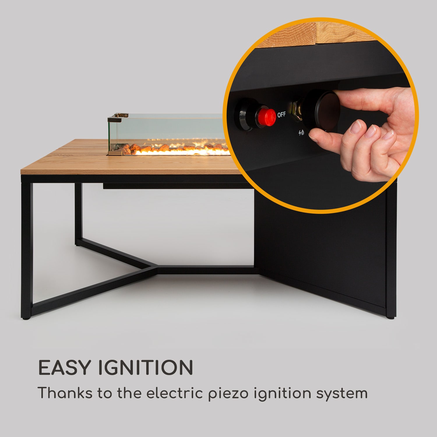 Tofino Gas Heater, with Table, Metal, Oak Wood, Lava Stones, 7 kW Black