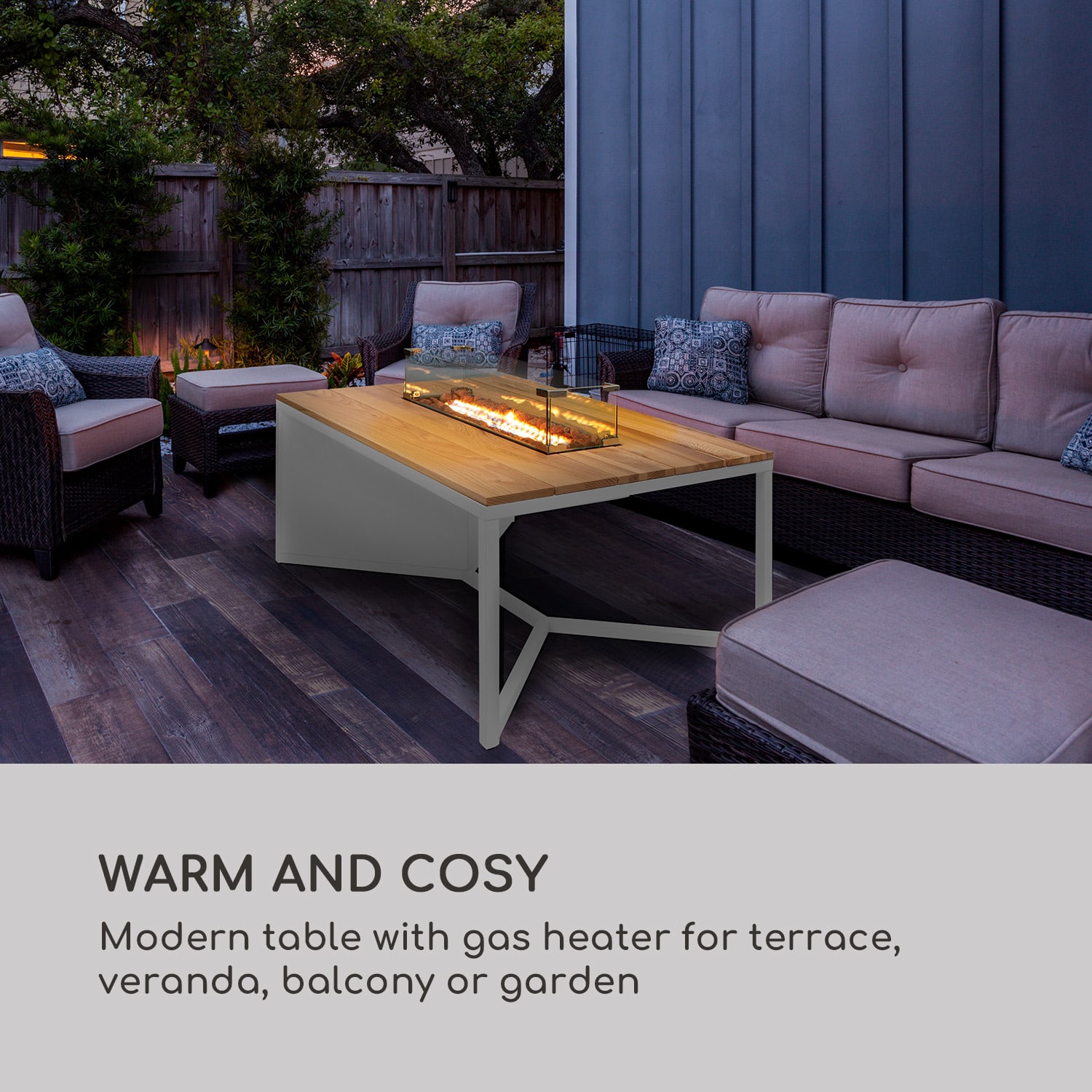 Tofino Gas Heater, with Table, Metal, Oak Wood, Lava Stones, 7 kW White