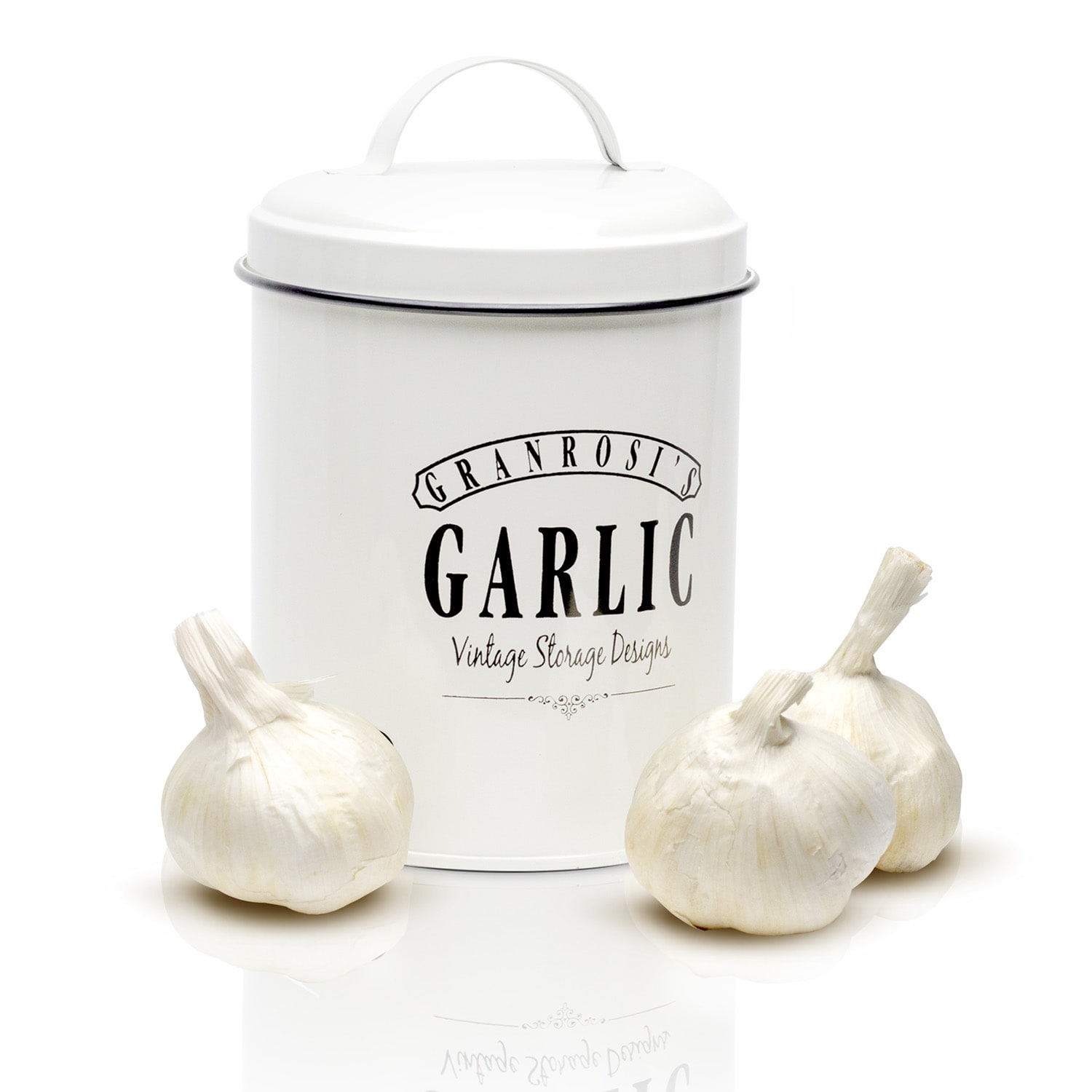 Montana, garlic storage container, enamel steel plate, 12 x 18 cm (ØxH), stainless steel