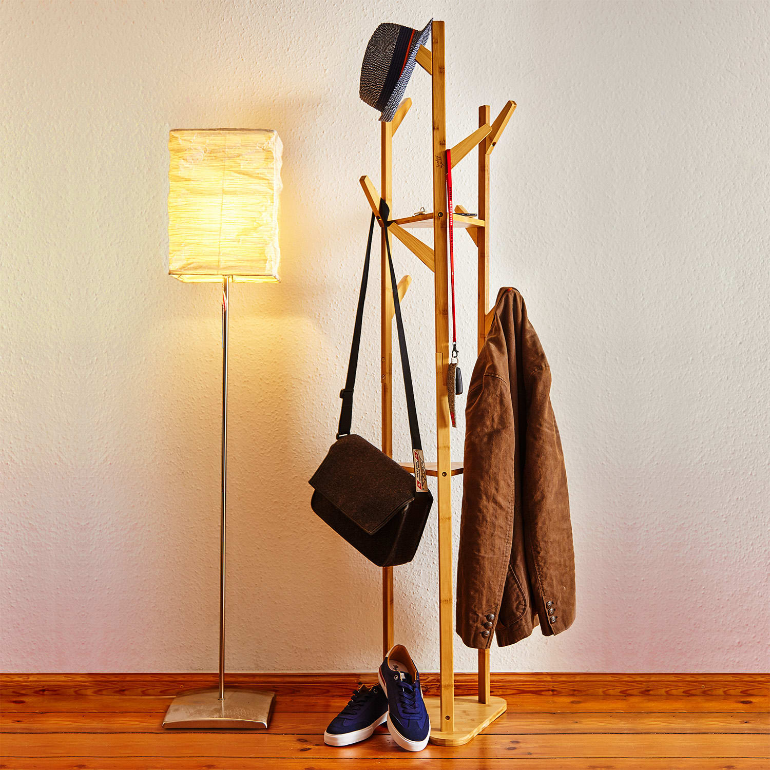 Coat rack with branches triangular 3 shelves 32.5x166cm (ØxH) 100 bamboo