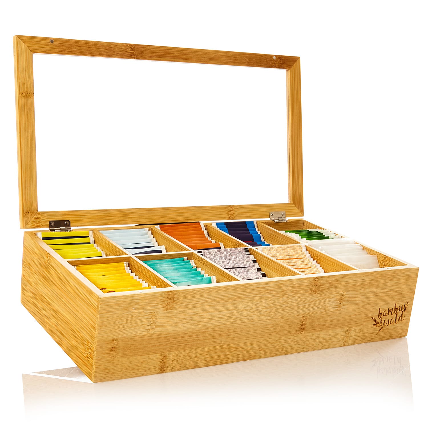 Tea box 10 compartments 150 tea bags plastic window bamboo