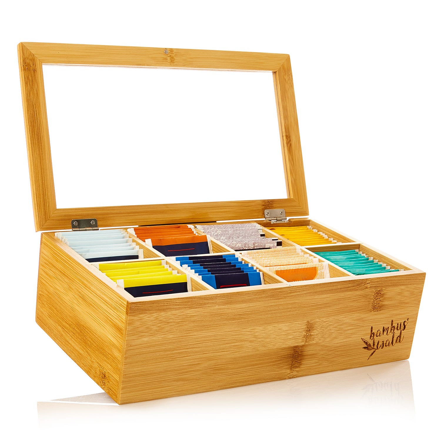 Tea box 8 compartments 120 tea bags plastic window bamboo