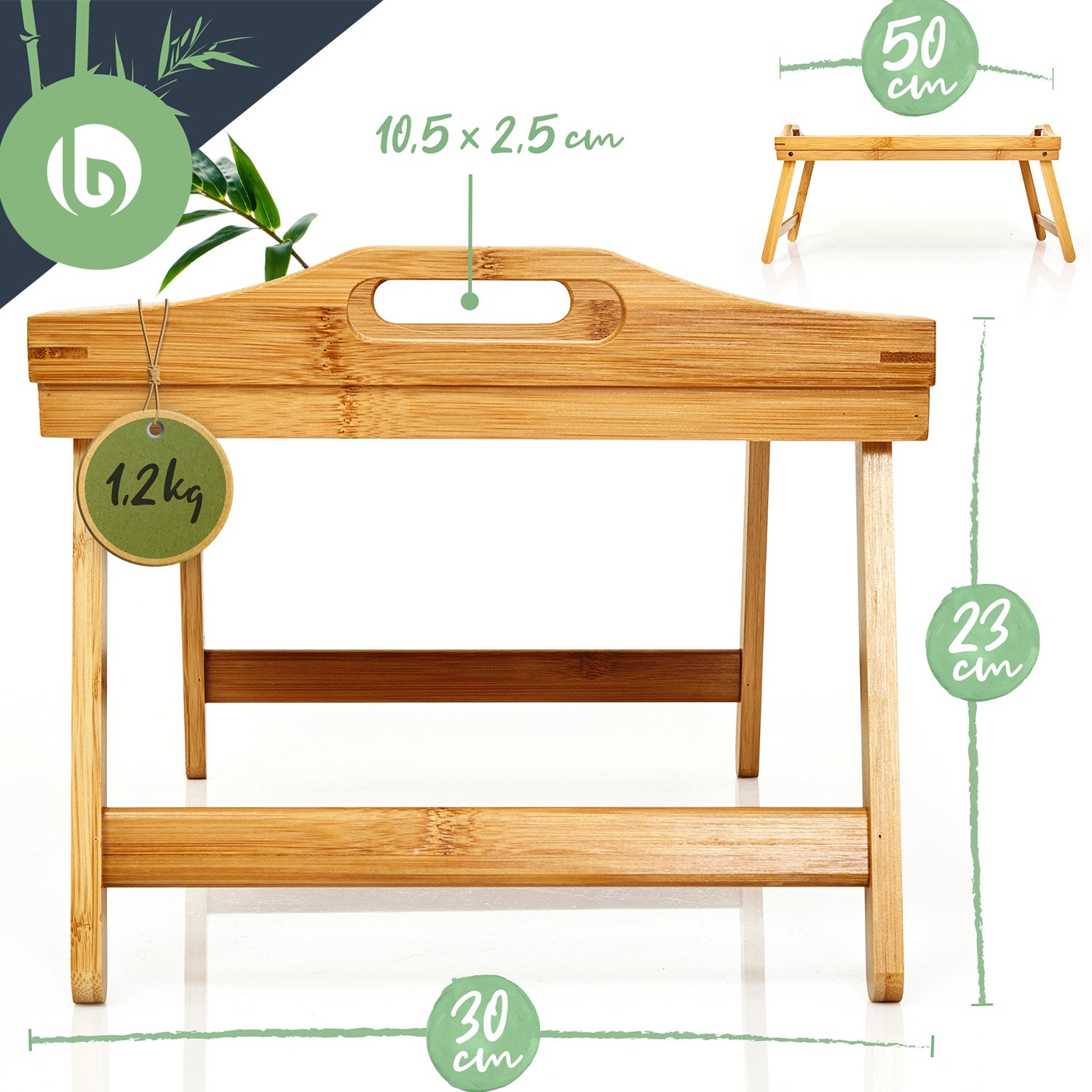 Serving tray multifunctional 50 x 23 x 30 cm fold out legs bamboo