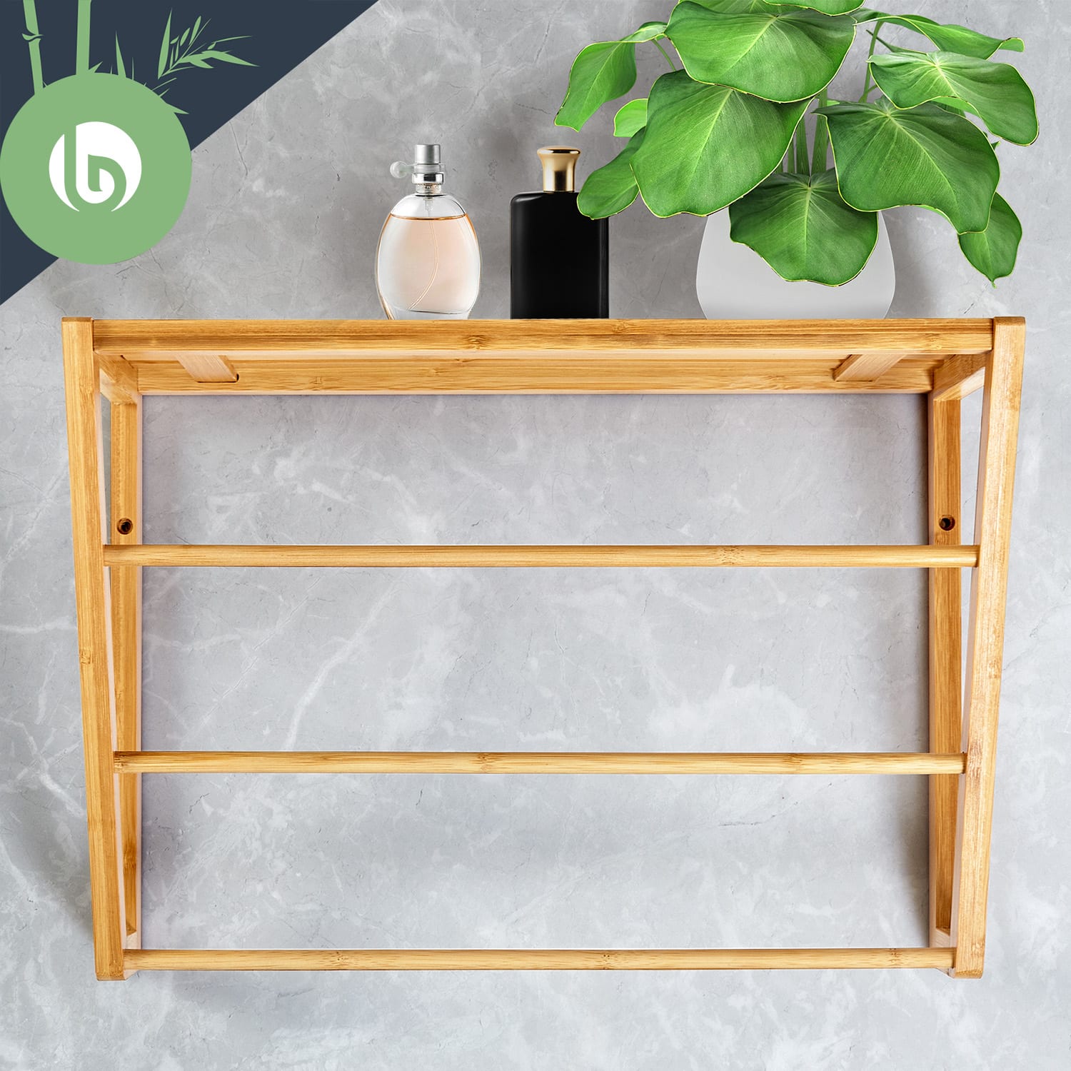 Wall shelf for the bathroom 3 towel rails top shelf 42 x 30 x 20 cm bamboo