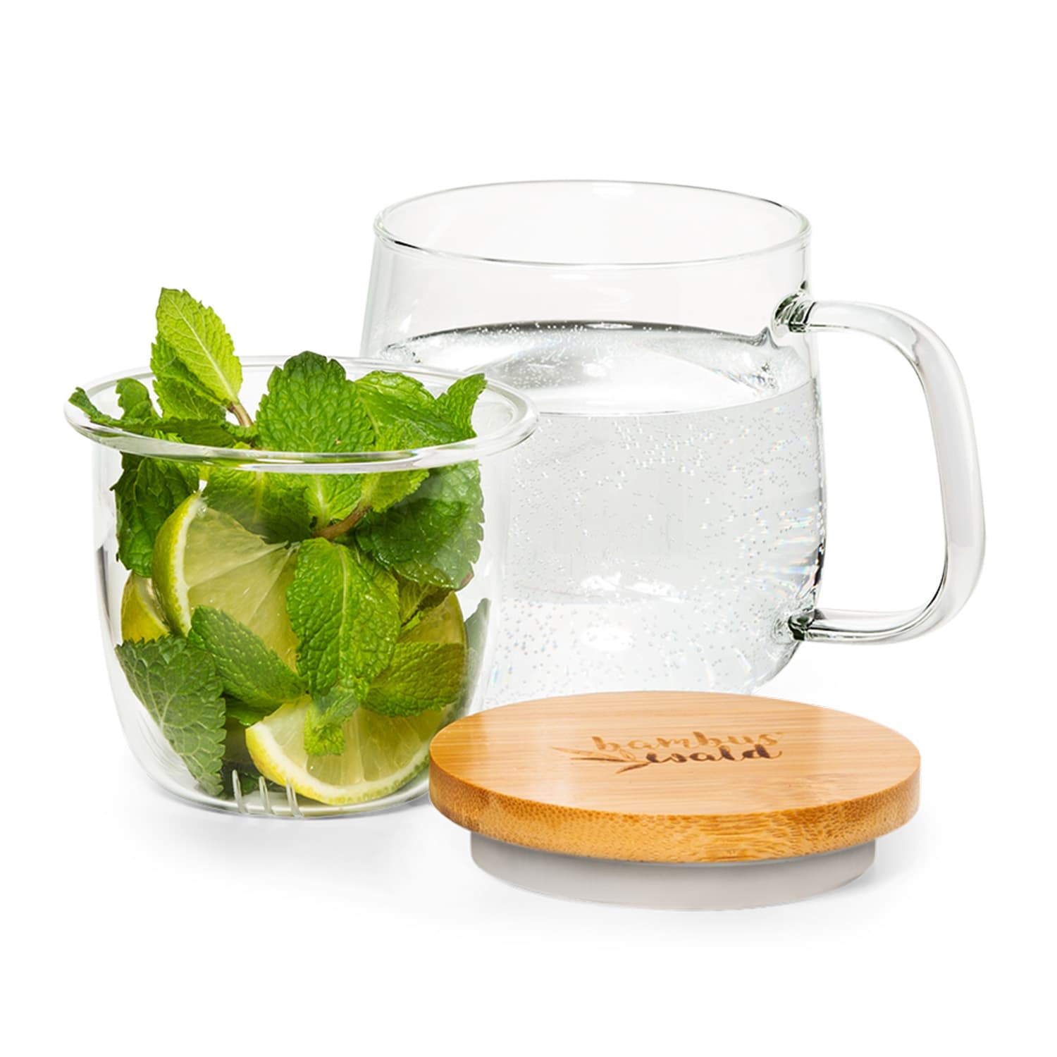 Teetasse mit Teesieb und Bambusdeckel 330 ml doppelwandiges Glas