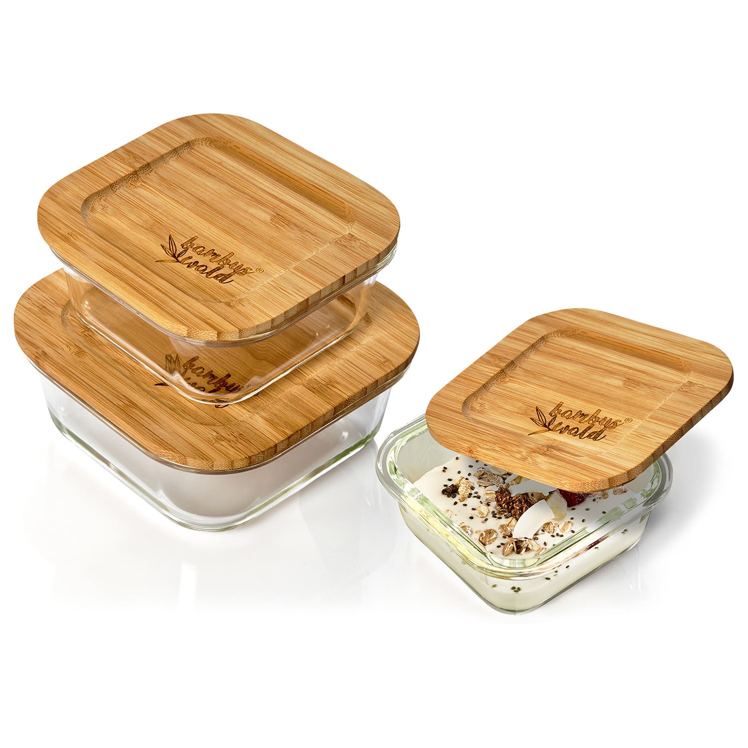 Square storage jars 3-piece set 320 ml, 620 ml, 800 ml bamboo lid