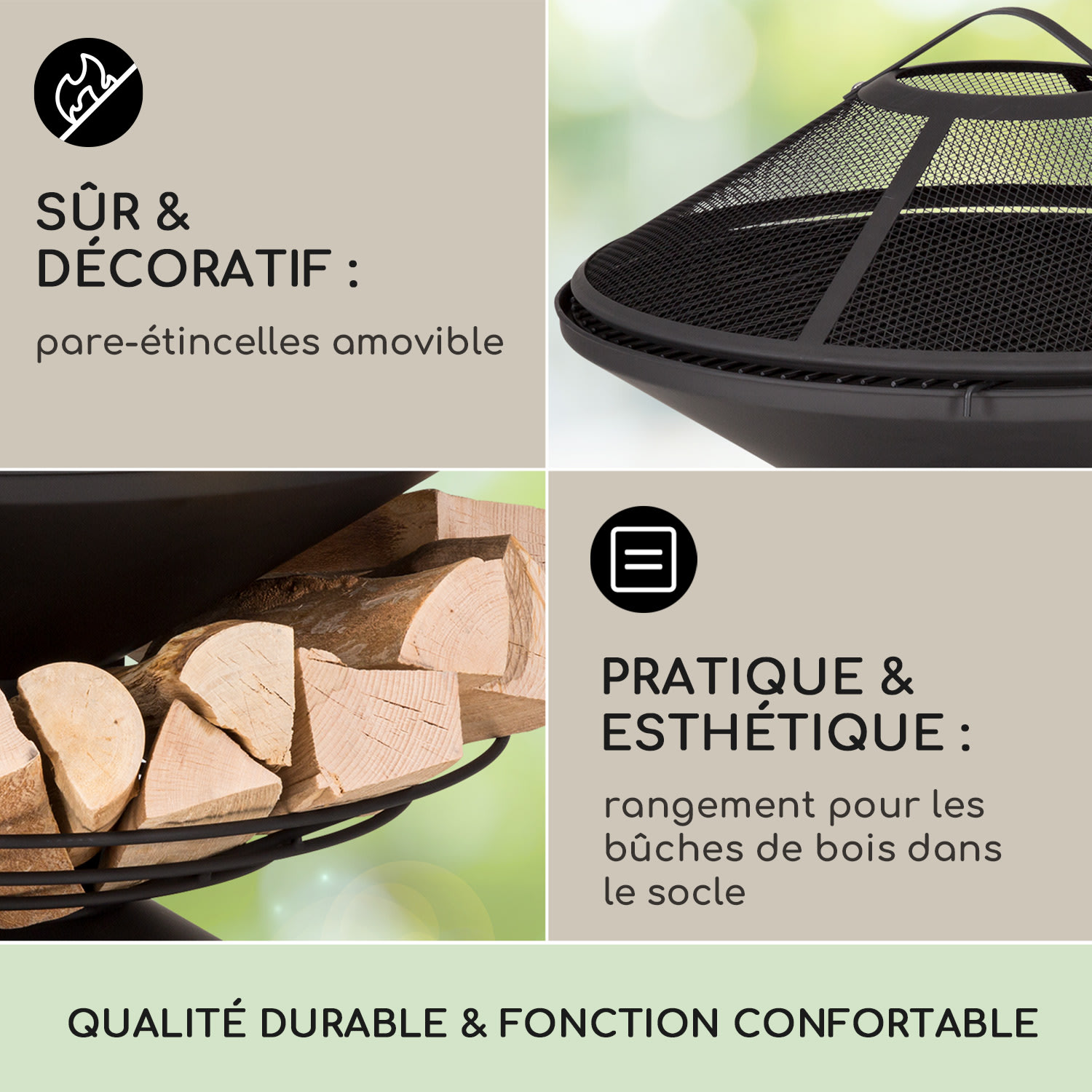 Cheminée De Jardin 3 En 1 Avec Barbecue En Fonte - FireView 360° Grille Anti-Étincelles