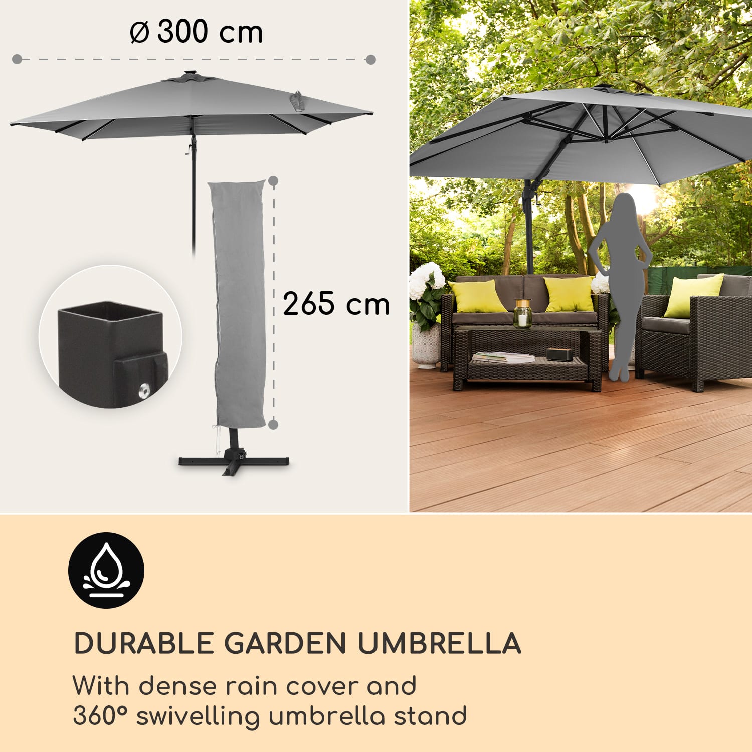 Arles parasol sun protection cantilever square shade 300 x 300 cm