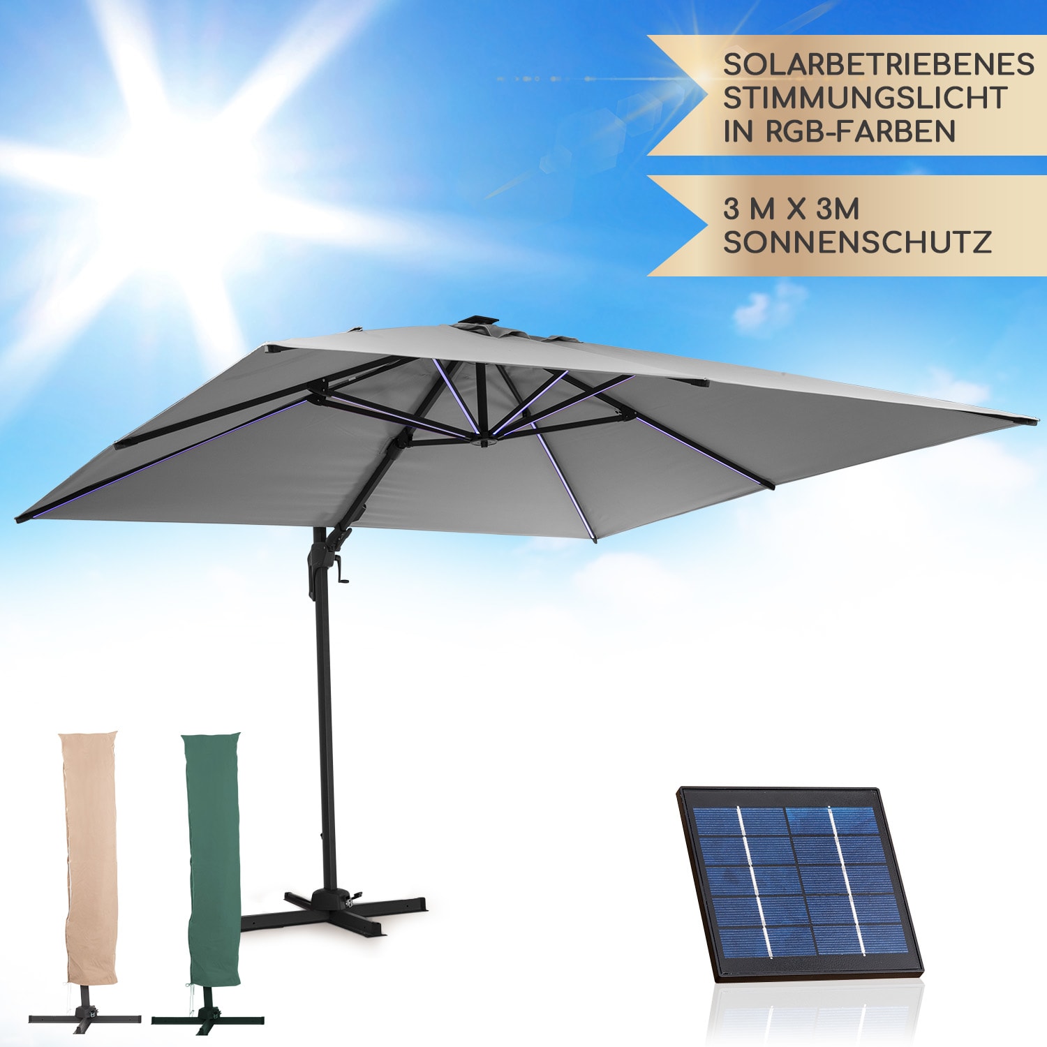 Arles parasol sun protection cantilever square shade 300 x 300 cm