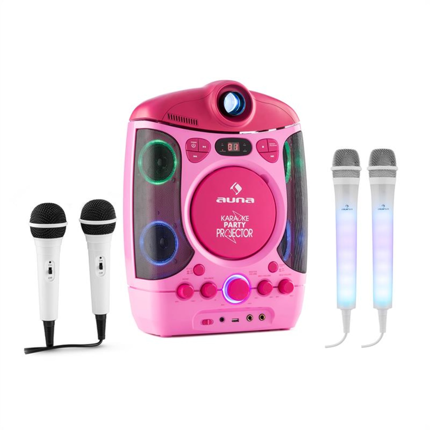 auna Kara Projectura Pink + Dazzl Mic Set Karaoke System Microphone LED ...