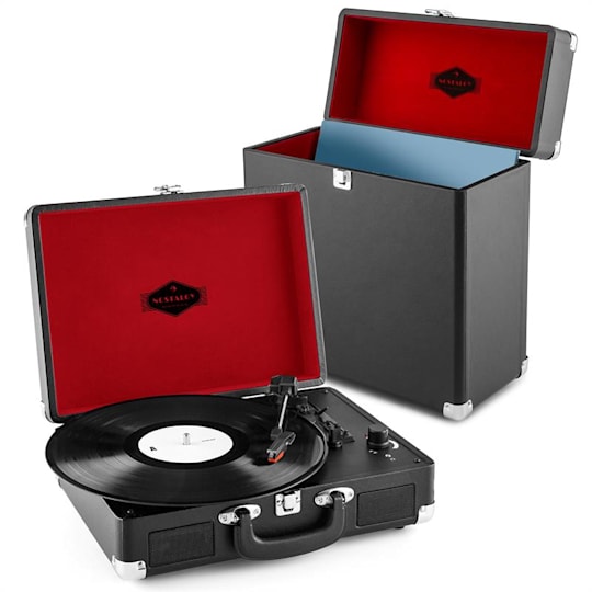 auna TTS6 Coffret à vinyles style rétro en cuir rangement 30 disques –  marron Brun