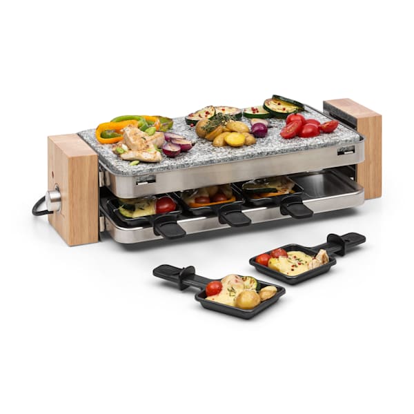 Entrecôte 2-in-1 grill raclette & fonduta, 1100 Watt, 2-in-1 grill:  metallo & piastra in pietra naturale, Elemento riscaldante in acciaio inox, 8 persone, 8 teglie da raclette