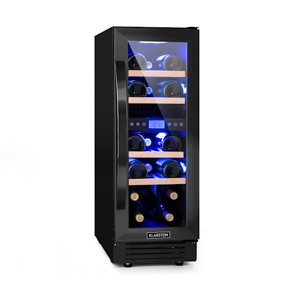 Klarstein Cave à vin 29 bouteilles, cave de service avec étagères en bois  amovibles, porte en verre, commande tactile, écran LCD, éclairage  intérieur, temp de 5 à 18°C, cave a vin veillissement, Noir