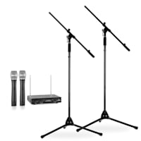 Wireless Microphone Set With Stands | 2 VHF Wireless Microphones 2 Microphone Stands | Black