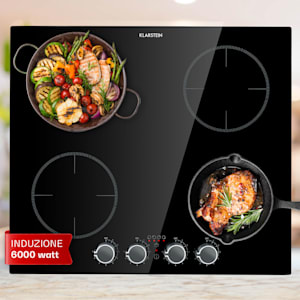 Klarstein Kochheld Piano Cottura a Induzione a 4 Zone 6000W Manopola Vetro nero