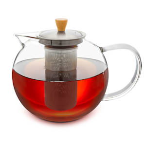 Glaswerk Sencha Teekanne | Volumen: 1,8 Liter | 8-9 Tassen | Edelstahl-Siebeinsatz | bruchfestes Borosilikatglas | Holzgriff | einfache Reinigung