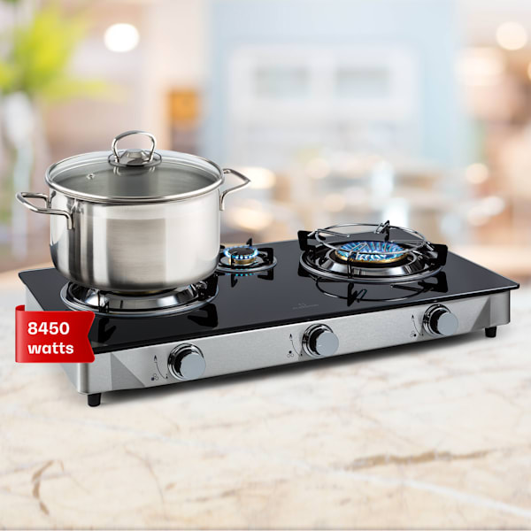 Barzona 3 camping stove 3 burners 3.4 kW & 0.75 kW & 4.3 kW glass top and stainless steel housing - 10040046
