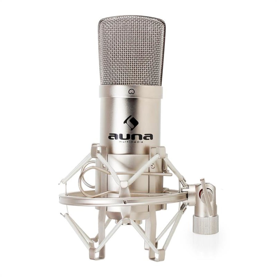Auna CM001S V1, mikrofonní sada, sluchátka + kondenzátorový mikrofon s USB  adaptérem + stativ, stříbrná barva