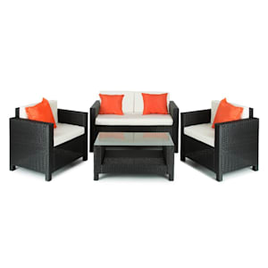 Verona Salon de jardin 4 pièces Canapé, Fauteuils, Table, rotin -noir/beige/orange