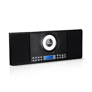 Wallie Microsystem | CD-Player | Bluetooth | 2x 10W RMS Stereo-Lautsprecher | USB-Port | UKW-Tuner | AUX- Kopfhörer- und 2x Lautsprecherbuchsen | Wandmontage oder Aufstellung per Standfuß | Fernbedienung | schwarz