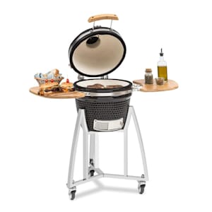 Queensize Kamado-Grill | zum Grillen, langsamen Garen, Smoken oder Backen | abnehmbare Seitenteile | Materialien: Keramik, Edelstahl, Bambus | Thermometer von 0-450 °C | 3 Rollen | schwarz