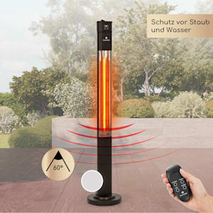 Heat Guru Plus Infrarot-Heizstrahler Elektroheizung | Standheizstrahler | 2000 Watt | IR ComfortHeat | 60° Oszillation | 9-Stunden-Timer | Carbon-Heizelement | 3 Heizstufen | Gehäuse: eloxiertes Aluminium | Standfuß: Edelstahl | IP44 | Fernbedienung