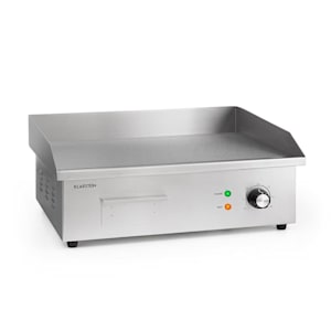 Grillmeile 3000G Pro Gusseisen Grillplatte elektrisch | Grillfläche: 54,5 x 35 cm (glatt) | Stufenlos 50 - 300 °C | 3000 Watt | Profi Elektrogrill mit Spritzschutz und Fettauffangbehälter | Gastro  Plancha | Edelstahl