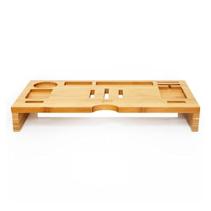 Soporte de monitor con ranuras de ventilación y compartimentos de almacenamiento 60x8,5x30 cm de bambú