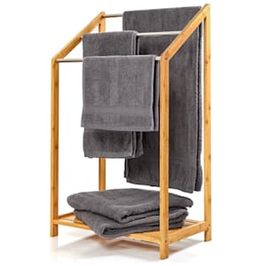 Vešiak uteráky, 3 kovové tyčky uteráky, 51x86x31cm, schodíkový dizajn, bambus