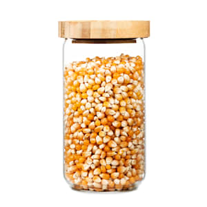 Barattolo impilabile con coperchio in bambù, vasetto per conserve | Ermetico |  Design impilabile | Con anello in silicone | Ecologico | Adatto all'uso alimentare | Senza plastica | Riciclabile | Sostenibile | 580 ml | Dimensioni: 8,5 x 15,5 cm (ØxA)