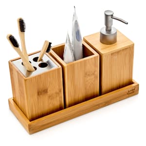 Bad-Accessoires-Set 4-teilig Seifenspender Zahnputzbecher Bambus